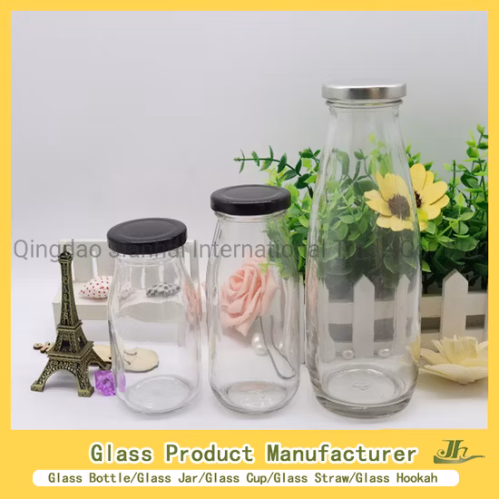 Cold Pressed Juice 250ml 300ml 500ml 16oz Clear French Square Milk Beverage Glass Bottles with Plastic Screw Cap